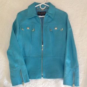 St. John turquoise leather jacket with gold trim.